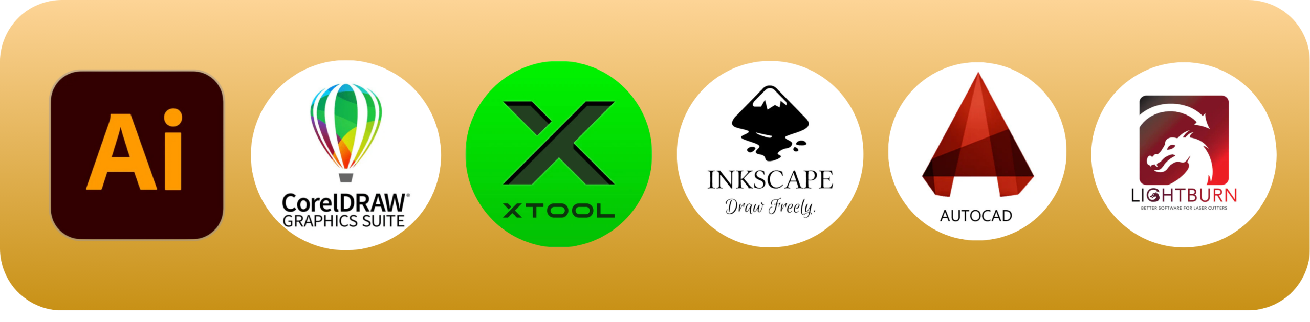 Supported apps: Illustrator, CorelDRAW, xTool, Inkscape, AutoCAD, LightBurn — seamless compatibility